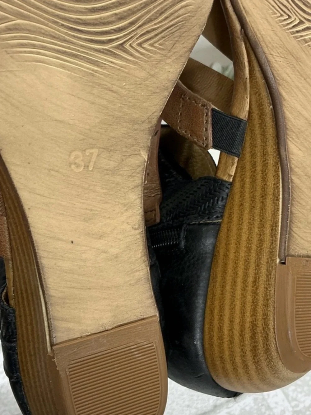 Miz Mooz Two-Tone Brown and Black Strappy Wedge Sandals